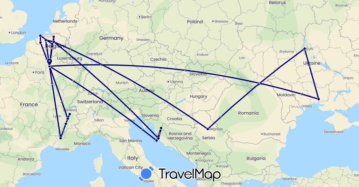 TravelMap itinerary: driving in Belgium, France, Croatia, Serbia, Ukraine (Europe)